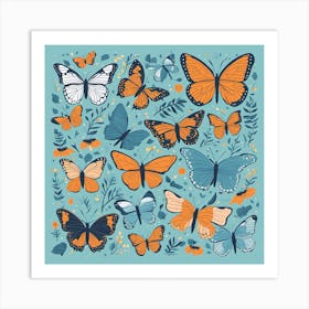 Butterflies On A Blue Background Art Print