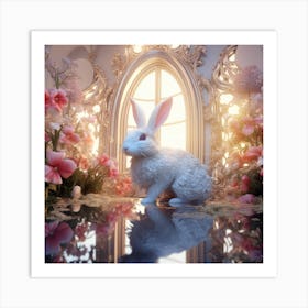 Cartoon Rabbit In Beautiful Decorated Little Room With Windows And Reflection In The Floor Art Print