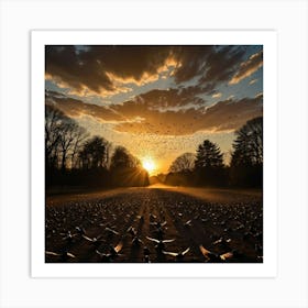 Sunset Flight of Thousands of Birds, Their Shadows Creating a Moving Tapestry on the Ground Art Print