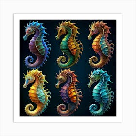 Set Of Six Colorful Seahorses Art Print