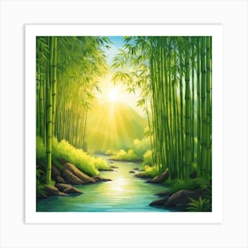 A Stream In A Bamboo Forest At Sun Rise Square Composition 187 Art Print