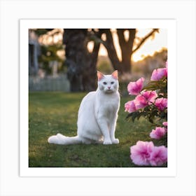 White Cat In The Garden Art Print