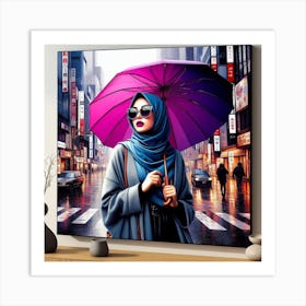 Tokyo Rain: A Pop Art Painting of a Woman in Hijab Art Print