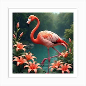 Flamingo In A Bed Of Lilies 1 Art Print