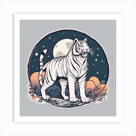 Sticker Art Design, Tiger Howling To A Full Moon, Kawaii Illustration, White Background, Flat Colors (1) 1 Art Print