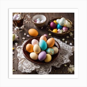 Easter Eggs On Wooden Table Art Print