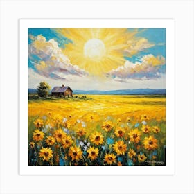 Sunflower Meadow Basking Under The Radiant Sun Which Casts Golden Beams Onto The Lush Green Carpet Art Print