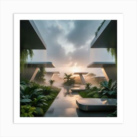 Futuristic Modern Garden peaceful sunrise 2 Art Print