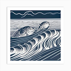 Two Fish In The Sea Linocut 1 Art Print