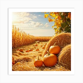 Autumn Harvest Scene Featuring Oversized Pumpkins Nestled Among Stalks Of Sunlit Corn Bales Of Hay (3) Art Print