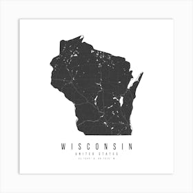 Wisconsin Mono Black And White Modern Minimal Street Map Square Art Print