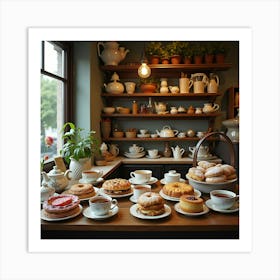 An English Tea Shop With A Display Of Assorted Teas And Pastries 1 Art Print