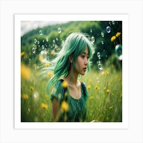 Green Haired Girl With Bubbles Art Print