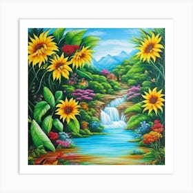 Sunflowers By The Waterfall Art Print