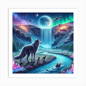 Wolf Family by Crystal Waterfall Under Full Moon and Aurora Borealis 5 Art Print