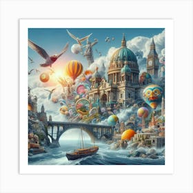 Surreal Digital Collage Merging Iconic Landmarks From Around The World With Whimsical Elements, Style Digital Surrealism Art Print