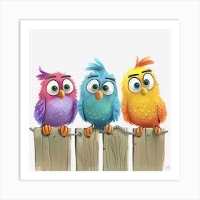 Three Colorful Birds On A Fence Art Print