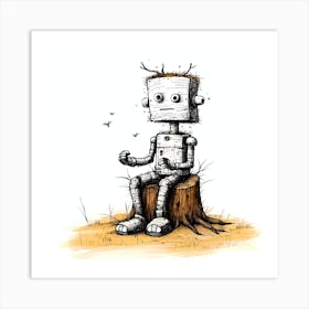 Robot Sitting On Stump Art Print