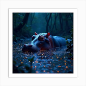 A Hippopotamus Submerged In A Neon Lit Swamp, With Glowing Algae Surrounding It Art Print