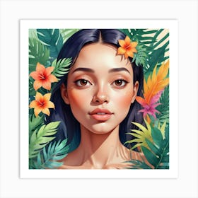 Portrait Of A Girl With Flowers Art Print