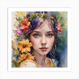 Watercolor Of A Girl With Flowers Art Print