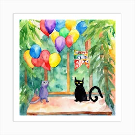 Happy Birthday Cat And Balloons Art Print