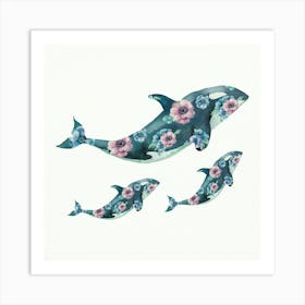 Orca Whales And Flowers Art Print