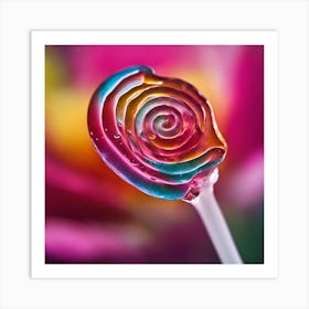 A Close Up Of A Delicate Lollipop On A Vibrant Flower Petal, Showcasing Its Reflective Surface And I Art Print