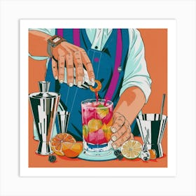 An art print portraying a close-up of a skilled mixologist crafting a vibrant and enticing cocktail, surrounded by colorful ingredients and glassware. This lively and visually captivating art print is perfect for cocktail enthusiasts and those who appreciate the artistry of mixology, bringing a touch of sophistication to home decor. Art Print