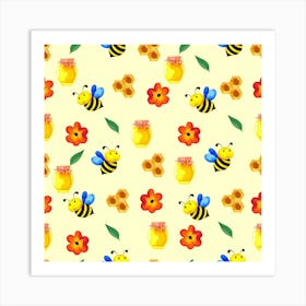 Seamless Honey Bee Texture Flowers Nature Leaves Honeycomb Hive Beekeeping Watercolor Pattern Art Print