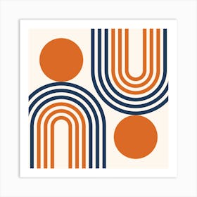 Mid Century Modern Geometric in classy navy blue orange (Rainbow and Sun Abstract Design) 1 Art Print