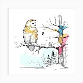 Owl on Tree in Minimal Line Drawing - Wild Bird Artwork 107 Art Print