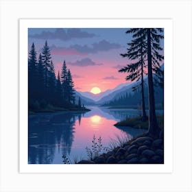 Watercolor Twilight Over A Glowing Forest Lake 1 Art Print