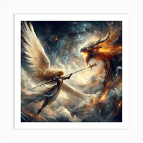 Female warrior fights dragon Art Print