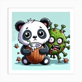 Cartoon Panda Holding A Coconut Art Print