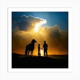 Silhouette Of Couple And Horse At Sunset Art Print