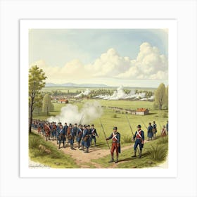 Historic Battlefield In Watercolor, With Reenactments And Period Uniforms Art Print