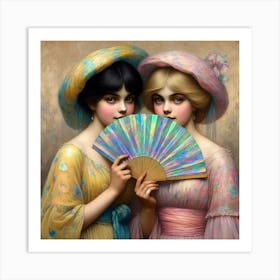 Two Girls Holding A Fan 3 Art Print