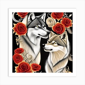 Wolves And Roses Art Print