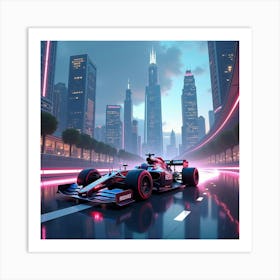 Formula Car Racing On A High Tech Floating Track In A City With Glowing Skyscrapers 1 Art Print