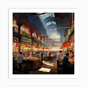 Food Hall Bustling With Vendors Under Bright Factory Style Lights Patrons Weaving Through Aisles Of 294367582 Art Print