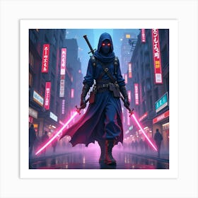 Ninja In Glowing Futuristic City, Watercolor, Bright Neon 1 Art Print