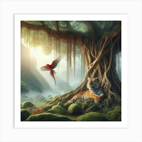 Tiger And Parrot In The Forest Art Print