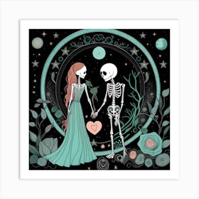 Skeleton Couple whimsical minimalistic line art Art Print