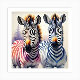 Vibrant Zebra Duo Watercolor Pointillism Wildlife Art Art Print