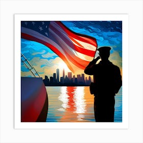 Soldier Salutes American Flag Art Print