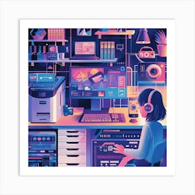 Computer Desk Illustration Art Print