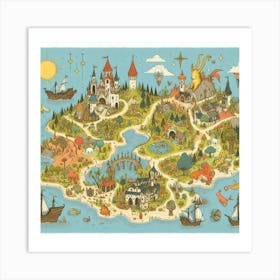 Charming Illustrated Map Of Imaginary Lands With Whimsical Creatures And Landmarks, Style Illustrated Map Art 1 Art Print