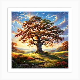 Majestic Oak Tree With Sprawling Branches Located In The Center Of A Serene Meadow Sunlight Filter 445022442 (2) Art Print