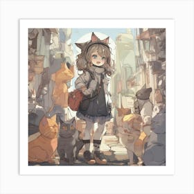 Anime Girl With Cats 1 Art Print